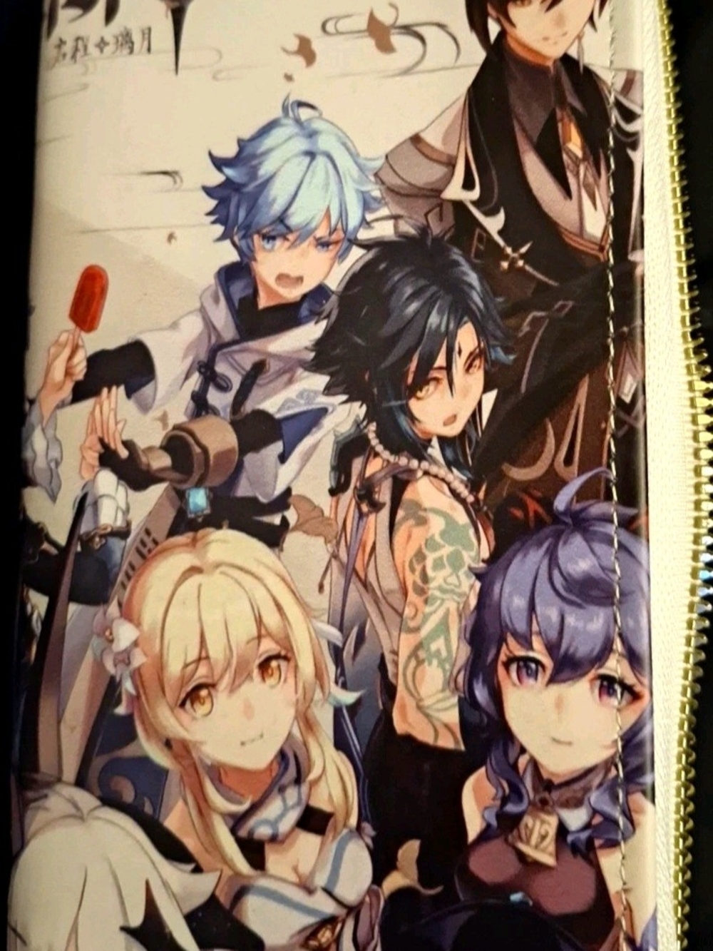 ZIppered wallet Genshin Impact, showcasing Zhongli, Xiao, and Lumine.